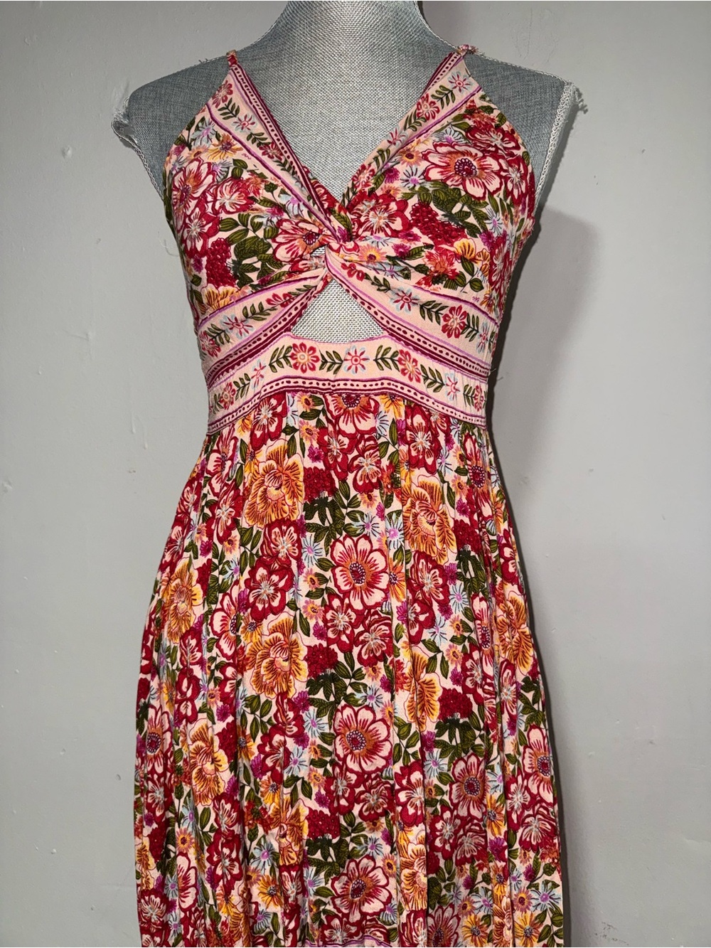 Angie Floral Pink & Red Summer Maxi Dress - Boho V-Neck - Picture 2 of 6